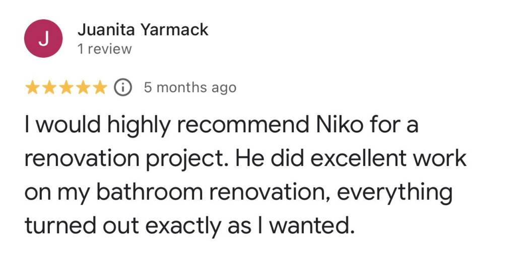 Five-star Google review from Juanita Yarmack recommending Niko Reno for their bathroom renovation