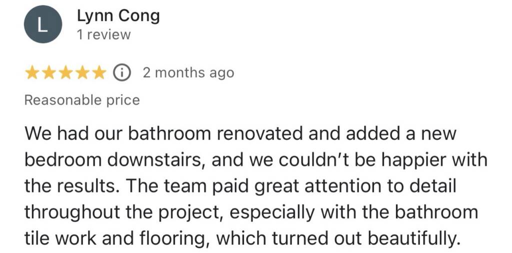 Five-star Google review from Lynn Cong praising the bathroom tile work and flooring on their renovation
